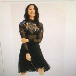 FP/BLACK-“SHEER DELIGHT”HIGH NECK EMBROIDERED SEQUIN MIDI DRESS